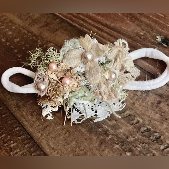 Bohemian Floral Headpiece - Burnt Orange & Cream Organic with Lace & Pearls - Picture 1 of 7